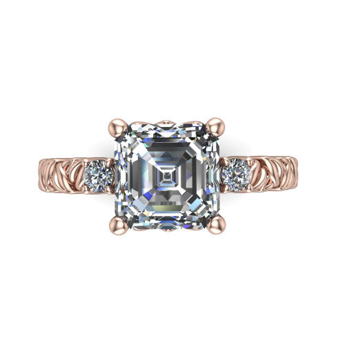 Mackenzie asscher leaf band engagement ring in 18K Rose Gold with carved rope-twist shank and round side accents, top-down view of the center and round side accents