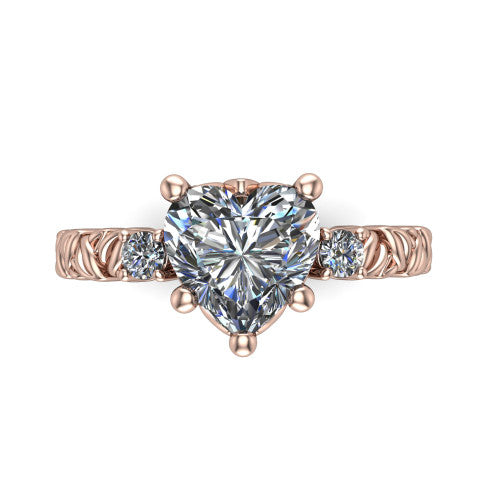 Mackenzie heart leaf band engagement ring in 18K Rose Gold with carved rope-twist shank and round side accents, top-down view of the center and round side accents