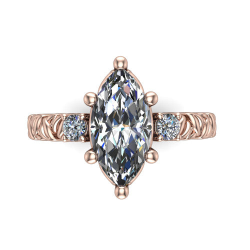 Mackenzie marquise leaf band engagement ring in 14K Rose Gold with carved rope-twist shank and round side accents, top-down view of the center and round side accents