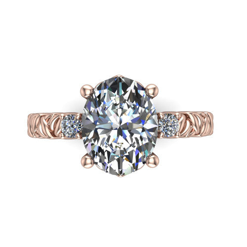 Mackenzie oval leaf band engagement ring in 18K Rose Gold with carved rope-twist shank and round side accents, top-down view of the center and round side accents