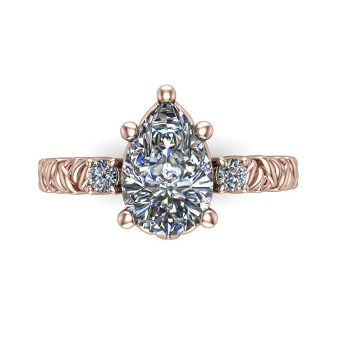 Mackenzie pear leaf band engagement ring in 14K Rose Gold with carved rope-twist shank and round side accents, top-down view of the center and round side accents