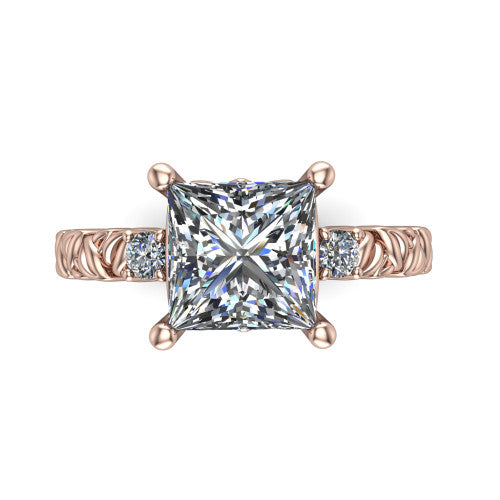 Mackenzie princess leaf band engagement ring in 18K Rose Gold with carved rope-twist shank and round side accents, top-down view of the center and round side accents