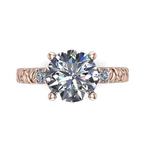 Mackenzie round leaf band engagement ring in 14K Rose Gold with carved rope-twist shank and round side accents, top-down view of the center and round side accents