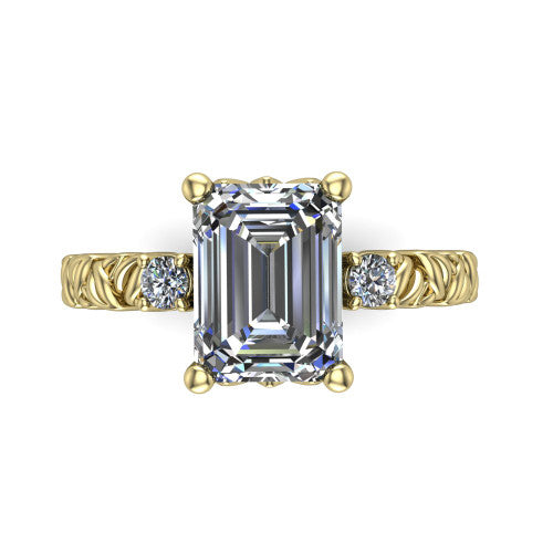 Mackenzie emerald leaf band engagement ring in 18K Yellow Gold with carved rope-twist shank and round side accents, top-down view of the center and round side accents
