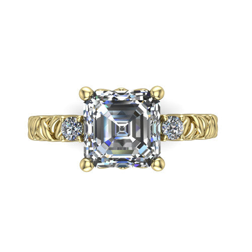 Mackenzie asscher leaf band engagement ring in 18K Yellow Gold with carved rope-twist shank and round side accents, top-down view of the center and round side accents