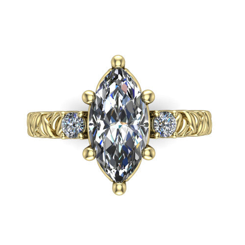 Mackenzie marquise leaf band engagement ring in 14K Yellow Gold with carved rope-twist shank and round side accents, top-down view of the center and round side accents
