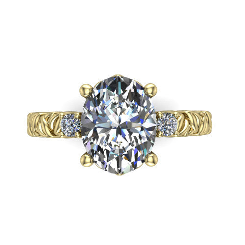 Mackenzie oval leaf band engagement ring in 18K Yellow Gold with carved rope-twist shank and round side accents, top-down view of the center and round side accents