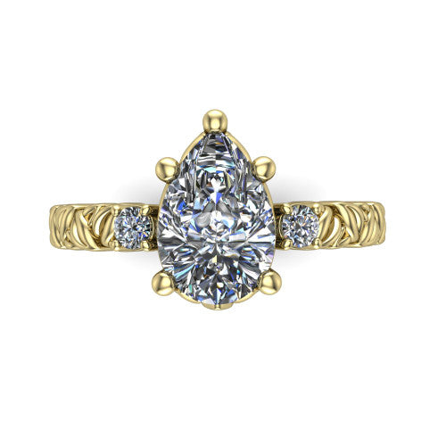 Mackenzie pear leaf band engagement ring in 14K Yellow Gold with carved rope-twist shank and round side accents, top-down view of the center and round side accents