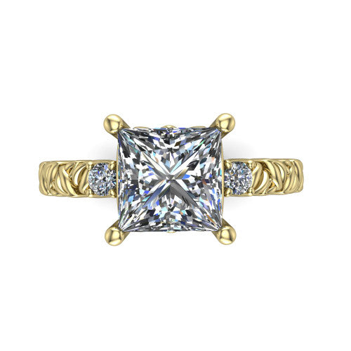 Mackenzie princess leaf band engagement ring in 14K Yellow Gold with carved rope-twist shank and round side accents, top-down view of the center and round side accents