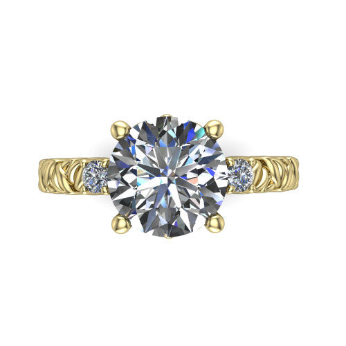 Mackenzie round leaf band engagement ring in 14K Yellow Gold with carved rope-twist shank and round side accents, top-down view of the center and round side accents