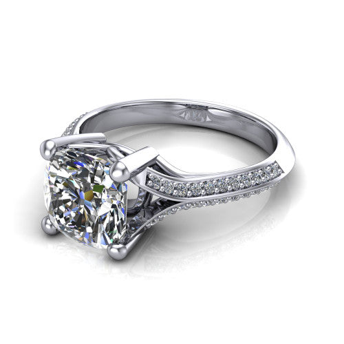 Cecilia cushion split shank engagement ring in 18K White Gold with micro-pavé band, three-quarter perspective view