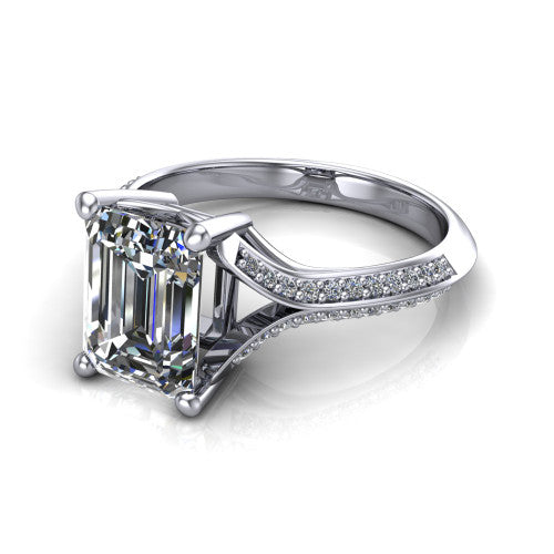 Cecilia emerald split shank engagement ring in 14K White Gold with micro-pavé band, three-quarter perspective view