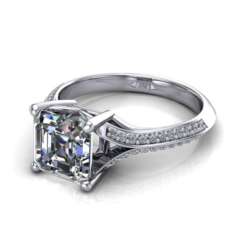 Cecilia asscher split shank engagement ring in Platinum with micro-pavé band, three-quarter perspective view