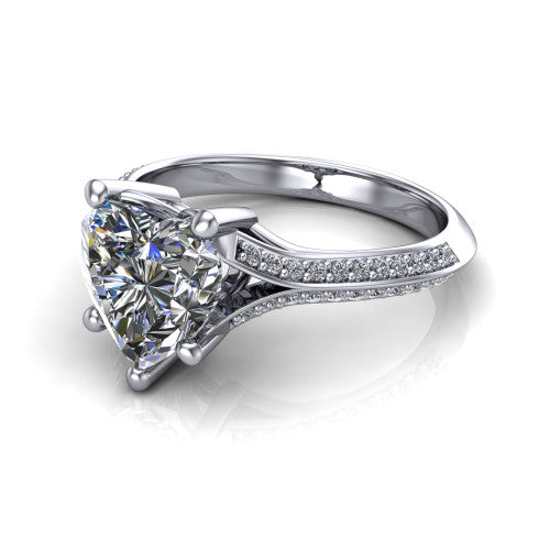 Cecilia heart split shank engagement ring in 14K White Gold with micro-pavé band, three-quarter perspective view