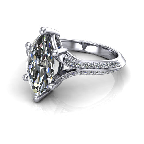 Cecilia marquise split shank engagement ring in 14K White Gold with micro-pavé band, three-quarter perspective view