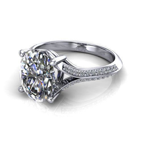 Cecilia oval split shank engagement ring in 18K White Gold with micro-pavé band, three-quarter perspective view