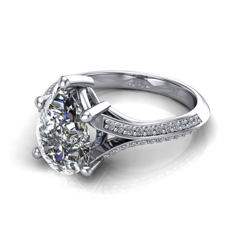 Cecilia pear split shank engagement ring in Platinum with micro-pavé band, three-quarter perspective view