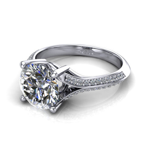 Cecilia round split shank engagement ring in 18K White Gold with micro-pavé band, three-quarter perspective view