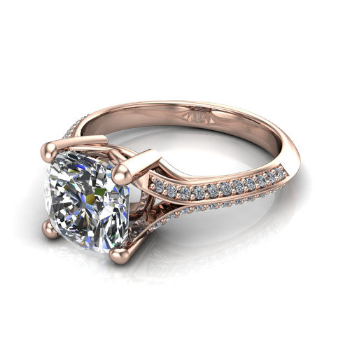Cecilia cushion split shank engagement ring in 18K Rose Gold with micro-pavé band, three-quarter perspective view