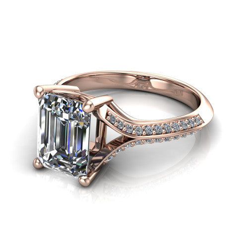Cecilia emerald split shank engagement ring in 14K Rose Gold with micro-pavé band, three-quarter perspective view