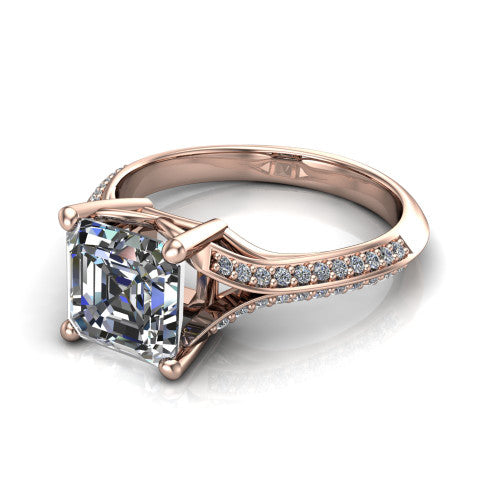 Cecilia asscher split shank engagement ring in 18K Rose Gold with micro-pavé band, three-quarter perspective view