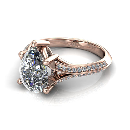 Cecilia pear split shank engagement ring in 14K Rose Gold with micro-pavé band, three-quarter perspective view