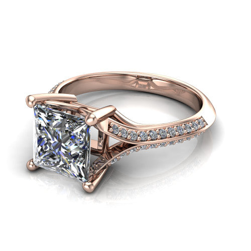 Cecilia princess split shank engagement ring in 14K Rose Gold with micro-pavé band, three-quarter perspective view