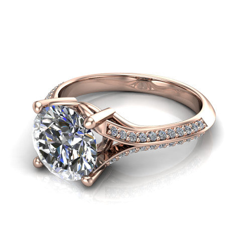 Cecilia round split shank engagement ring in 14K Rose Gold with micro-pavé band, three-quarter perspective view