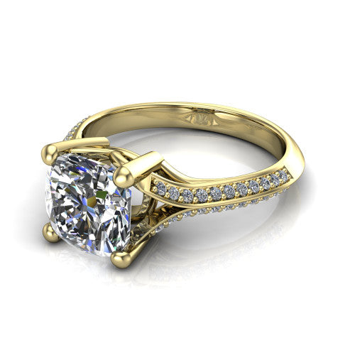 Cecilia cushion split shank engagement ring in 18K Yellow Gold with micro-pavé band, three-quarter perspective view