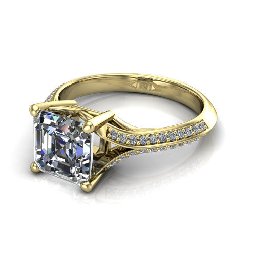 Cecilia asscher split shank engagement ring in 18K Yellow Gold with micro-pavé band, three-quarter perspective view