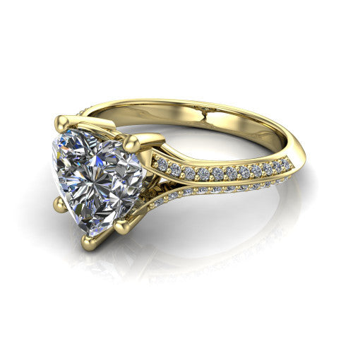 Cecilia heart split shank engagement ring in 14K Yellow Gold with micro-pavé band, three-quarter perspective view
