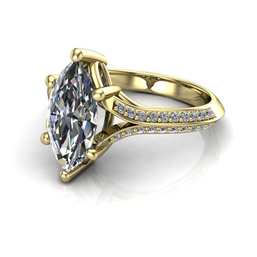 Cecilia marquise split shank engagement ring in 14K Yellow Gold with micro-pavé band, three-quarter perspective view