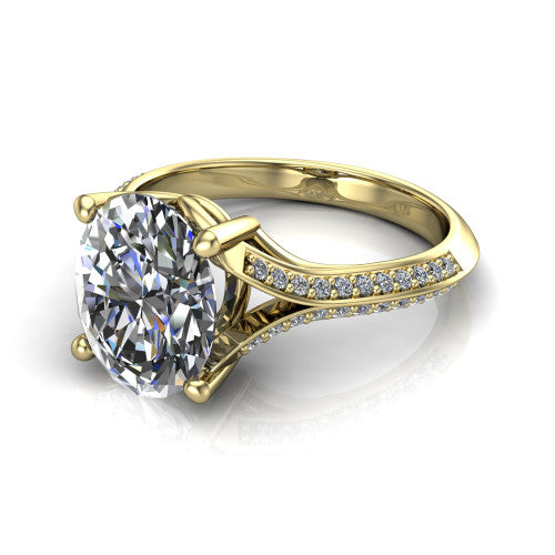Cecilia oval split shank engagement ring in 14K Yellow Gold with micro-pavé band, three-quarter perspective view