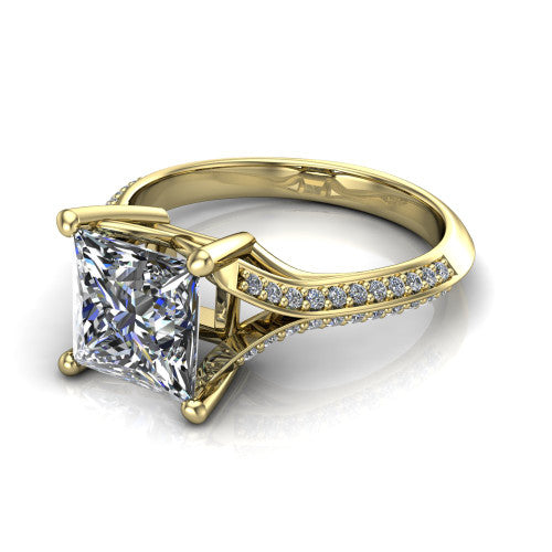 Cecilia princess split shank engagement ring in 14K Yellow Gold with micro-pavé band, three-quarter perspective view