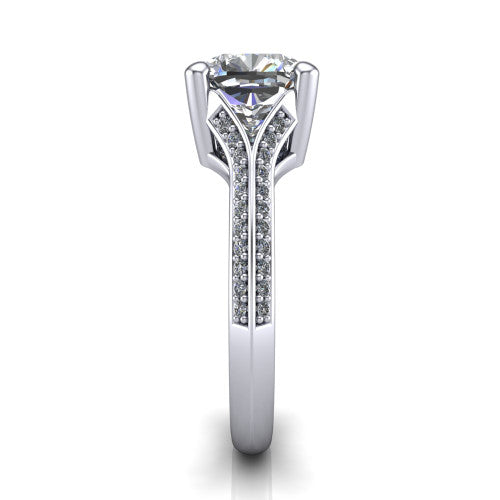 Cecilia cushion split shank engagement ring in 18K White Gold with micro-pavé band, side profile showing the pavé split shank
