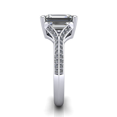 Cecilia emerald split shank engagement ring in 14K White Gold with micro-pavé band, side profile showing the pavé split shank
