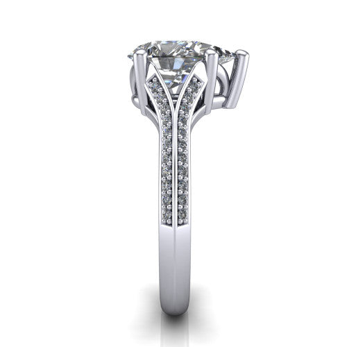 Cecilia pear split shank engagement ring in 18K White Gold with micro-pavé band, side profile showing the pavé split shank