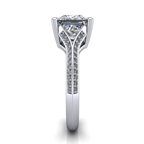 Cecilia princess split shank engagement ring in Platinum with micro-pavé band, side profile showing the pavé split shank