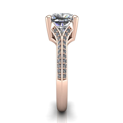 Cecilia cushion split shank engagement ring in 18K Rose Gold with micro-pavé band, side profile showing the pavé split shank