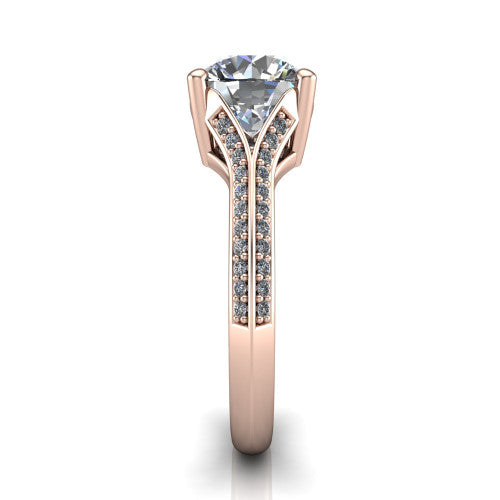 Cecilia round split shank engagement ring in 14K Rose Gold with micro-pavé band, side profile showing the pavé split shank