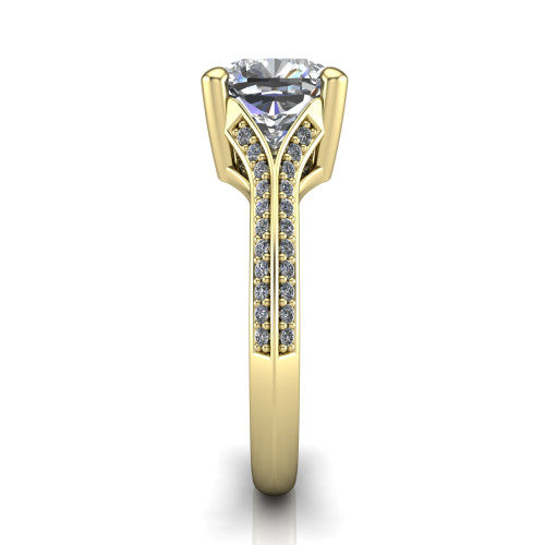 Cecilia cushion split shank engagement ring in 18K Yellow Gold with micro-pavé band, side profile showing the pavé split shank
