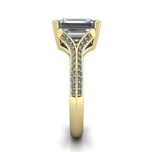 Cecilia emerald split shank engagement ring in 18K Yellow Gold with micro-pavé band, side profile showing the pavé split shank