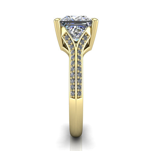 Cecilia princess split shank engagement ring in 14K Yellow Gold with micro-pavé band, side profile showing the pavé split shank
