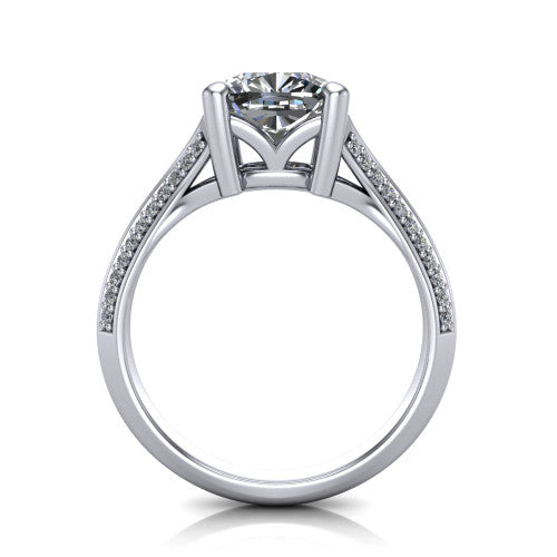 Cecilia cushion split shank engagement ring in Platinum with micro-pavé band, through-finger front profile showing the split gallery