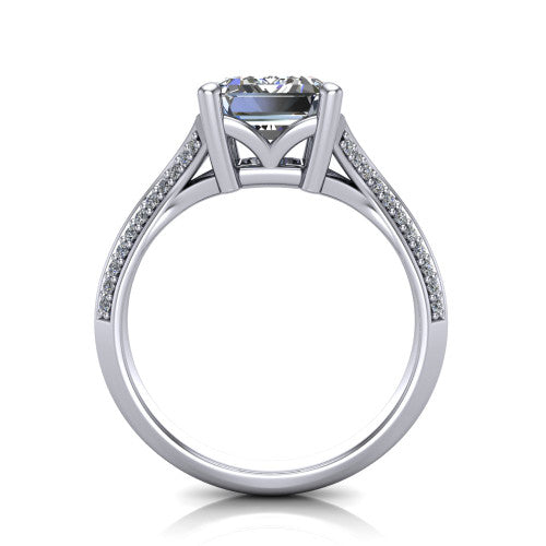 Cecilia emerald split shank engagement ring in 18K White Gold with micro-pavé band, through-finger front profile showing the split gallery