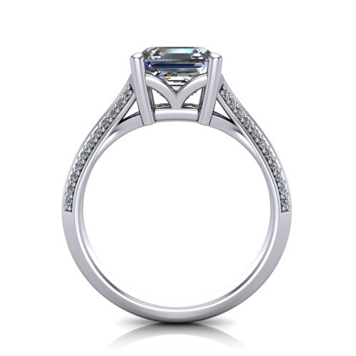 Cecilia asscher split shank engagement ring in 18K White Gold with micro-pavé band, through-finger front profile showing the split gallery