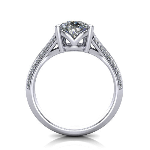 Cecilia pear split shank engagement ring in 14K White Gold with micro-pavé band, through-finger front profile showing the split gallery