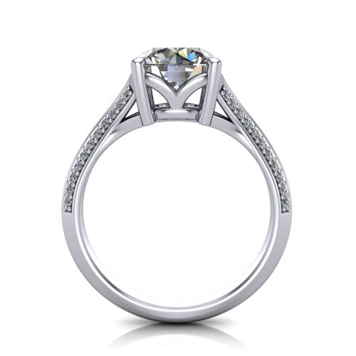 Cecilia round split shank engagement ring in 18K White Gold with micro-pavé band, through-finger front profile showing the split gallery