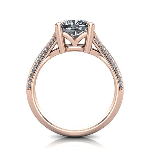 Cecilia cushion split shank engagement ring in 18K Rose Gold with micro-pavé band, through-finger front profile showing the split gallery