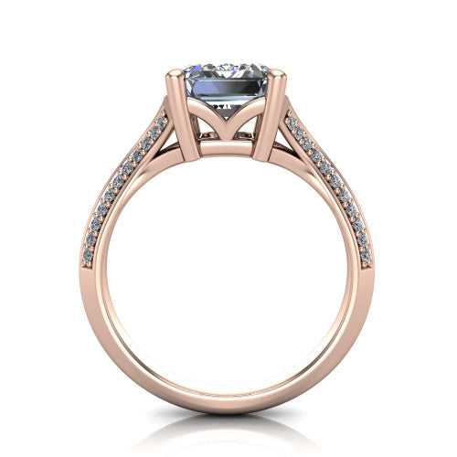 Cecilia emerald split shank engagement ring in 14K Rose Gold with micro-pavé band, through-finger front profile showing the split gallery